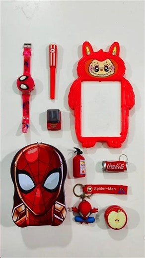Showing Red Stationery Items, Writing Board, Coin Bank, Pen, Sharpener #stationery #backtoschool