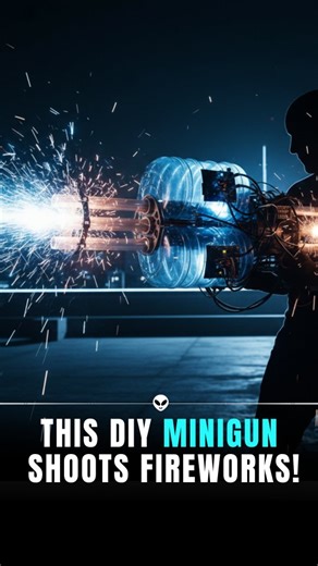 Technology on Instagram: "If aliens ever invade… call him 🚀👽 This DIY “minigun” isn’t for war — it’s pure chaos engineering. Here’s what happens: • Water jugs taped into a rotating Gatling-style barrel • Spins on a leaf blower motor — sparks fly • Fireworks attached create a sci-fi light show in the dark It’s dangerously fun, strangely satisfying, and reminds us: human creativity + engineering = wild outcomes. Would you dare light this up yourself? 👇 Follow @AlienTechnology for mind-bending i