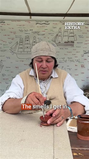 Sarah Liscoe, The Historic Sailmaker, demonstrates how red oxide and oil were used to fill the gaps in sailcloth, turning a porous weave into a wind-tight surface. Filmed on location at Chalke History Festival (@chalkehistoryfestival) – early bird tickets for next year are available now. #Sailmaking #Sailmaker #HistoricCrafts #ChalkeHistoryFestival #HistoryExtra