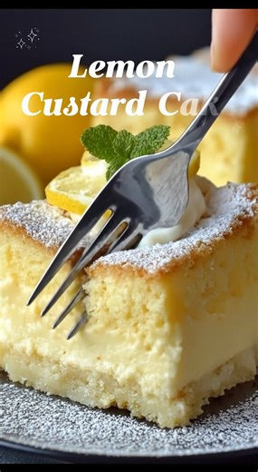 Lemon Custard Cake 🍋✨ This Lemon Custard Cake is pure sunshine in dessert form soft, fluffy cake on top with a creamy, silky lemon custard layer underneath. It’s light, bright, and perfectly sweet with that fresh lemon zing we all love. If you adore homemade lemon desserts that look impressive but are secretly so easy… save this recipe and tag a friend who needs a slice of this bakery-style beauty 💛 Yield: 9 large servings Ingredients: For the Lemon Custard Cake Batter: • 1 cup granulated suga