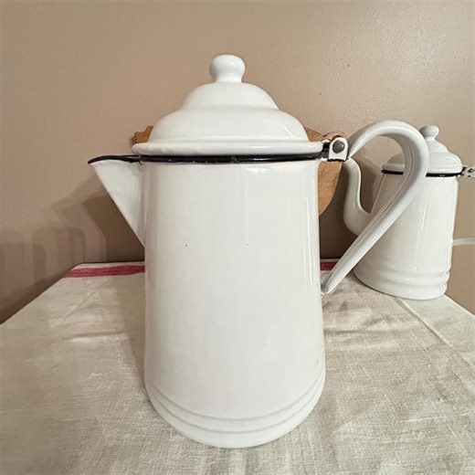 Vintage White Enamelware Cowboy Coffee Pot with Black Trim, Chippy Rustic Aged Enamel