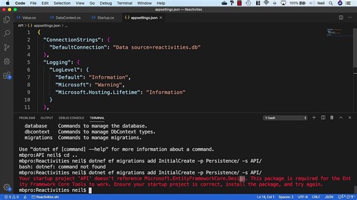 Net. Core and React Walking Skeleton - Adding our first Entity Framework code first migration