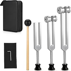 Tuning Forks for Healing Set (128Hz, 256Hz, 512Hz) - Includes 3 Pcs Weighted & Unweighted Forks, Wooden Resonator, 3 Bases, Wrench, Tuning Fork Carrying Bag - Essential Yoga and Meditation Accessories