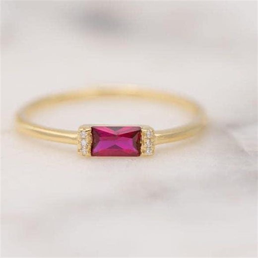 Ruby Baguette Dainty Stacking Ring • Simple Gold Minimalist Ring • Sterling Silver Ring • Simple Ruby Ring • Thin Delicate Ring Gift - Etsy