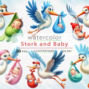 30 Stork and Baby Clipart Bundle | Cute Baby Shower Pngs | Newborn Nursery Art | Digital Download | Commercial Use - Etsy