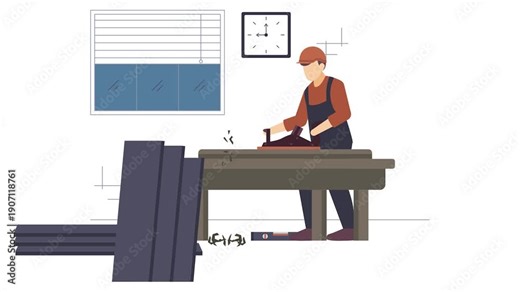 carpenter working indoors shaping wooden boards using hand plane animation, Crafting Quality animated video, construction workers Clip, Skilled labor footage, Civil Engineering Works motion graphics