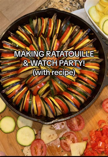 Making ratatouille & watching Ratatouille 🍅🍆🥖✨ the only correct way to do it!! 🍅 easy ratatouille recipe you’ll need: • 1/2-1 zucchini • 1/2-1 yellow squash • 1-2 small eggplants • 2–3 tomatoes • 1 small onion • 1 bell pepper • 3 garlic cloves • 1 cup tomato purée • olive oil • fresh thyme basil • red wine vinegar • salt pepper how to make: sauté onion bell pepper add garlic, herbs & tomato purée simmer 10 min add a splash of red wine vinegar spread sauce into a baking dish layer sliced vegg
