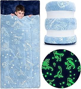 Kids Sleeping Bag for Boys & Girls - Glow in The Dark for Ages 3+, Large With Pillow Pocket, Extra Soft Toddler Blanket (66" x 33")