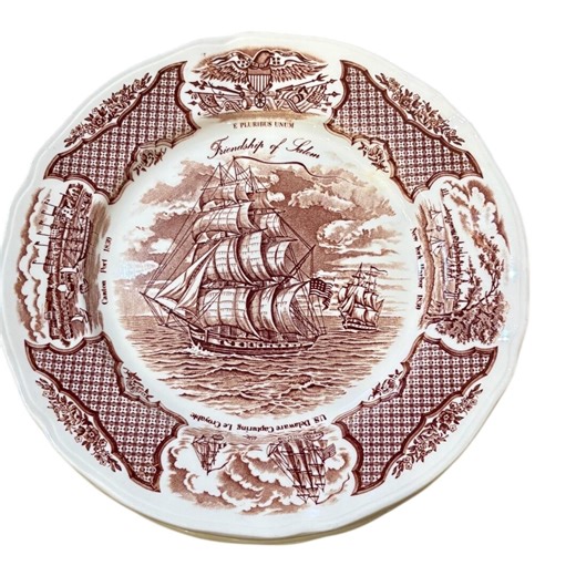 Vintage Alfred Meakin Fair Winds Friendship of Salem Plates Set of 4 Brown Transferware Historic Ship Dinnerware England