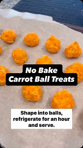 Take a small bag of mini carrots and boil until soft. Toss in a blender and puree. Add 2 tablespoons of coconut flour. A teaspoon of melted coconut oil- And half a cup of shredded cheese- Shape into balls, Refrigerate for an hour- And serve! Carrots are low in calories and contain nutrients like vitamin A, fiber, and potassium. Coconut oil is great for skin, can support a dog’s immune system, help protect them from illnesses, and speed up natural healing. It’s full of fatty acids that can also h