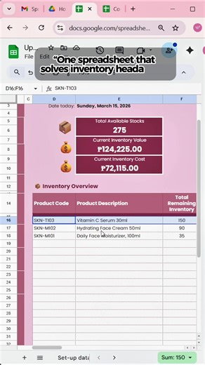 Track stock movement, manage FIFO, and get low stock alerts — all in one Google Sheets system. #InventorySystem #googlesheetstemplate #googlesheets #inventory