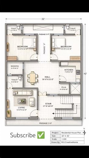 32'×42' 2BHK Creative Home 😍😇📈.. #2ddesign #housedesign #houseplan #draughtsman #autocaddesign #home