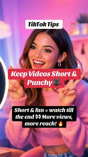 Tip 4: Keep Videos Short & Punchy 🎥 Short videos often perform better on TikTok because people are more likely to watch them all the way to the end. When more viewers finish watching your video, TikTok’s algorithm sees high completion rate and is more likely to show your content to more people, which increases your chances of going viral. 🎯 Tip: Aim for 10–20 seconds — this length grabs attention, feels fast, and gets viewers to watch to the end. 💡 Why: When videos are short and engaging, vie