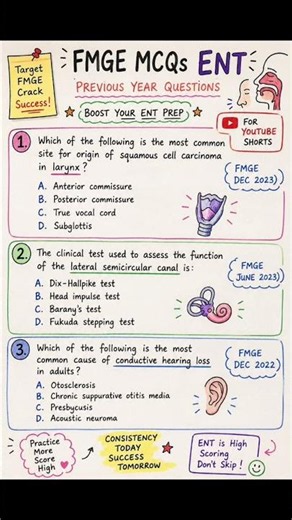 🔥 Day 1 of 10 Days ENT PYQ Challenge!Can you solve these FMGE/NEET PG previous year ENT questions