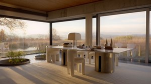 Meridiani Advertising Campaign 2025 - EPISODE 3 my home is ME. But who is ME? A WRITER IN THE DINING ROOM In front of wide windows with a rejuvenating view, the third episode of Meridiani's 2025 advertising campaign explores the home of a writer. In the dining room, the Gong table stands as a sculptural and monumental presence, with its solid steel base and delicate pearl-colored marble top, surrounded by the soft Cosette and Claudine chairs. Discover the full story in the video of the third cha