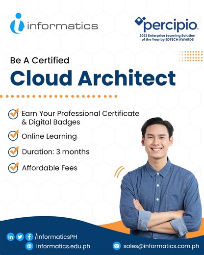 Upskill and get promoted by earning Professional Certificates and Digital Badges as a Certified CLOUD ARCHITECT. Classes are fully online with subject matter experts from across the globe. Get access to multiple videos, ebooks and audiobooks from your mobile device. Each course includes: ● 3 months Access to E-Learning Solution ● Earn your Digital Badges and Certificate upon completion. ● 8 hr group session ● Informatics Certificate of Completion Message us here for more details or visit www.inf