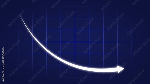 Bar chart for declining business performance by month. The red statistical curve shows a downward move .chart 4k graph glowing animation