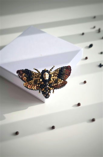 Night Moth Brooch "death's Head Hawk Moth." Embroidered With Sequins, Crystals, Beads, and Leather. Handmade. - Etsy UK
