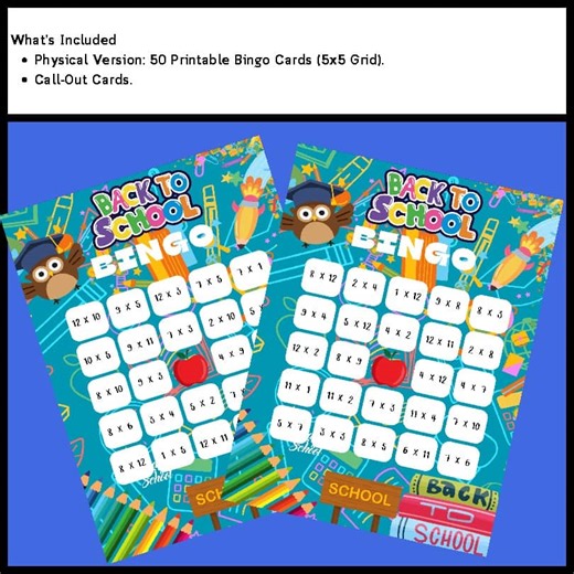 Back to School Multiplication Bingo Math Fact Game Logic Puzzle Mental Review 