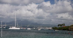 Martinique Caribbean sailboat marina water aerobics pan. French republic Islands between Caribbean Sea and Atlantic Ocean. Tourism and yachting tourists are mainstay of economy. Tropical beach.