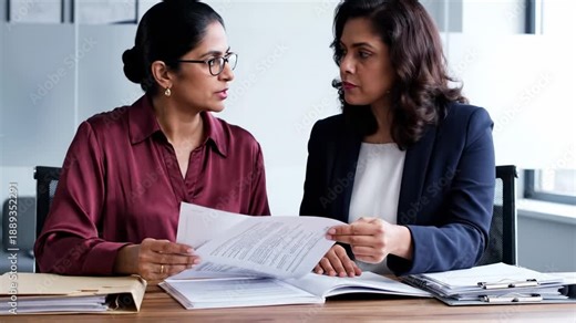 Document review discussion. A close collaborative moment of two colleagues standing at a desk while reviewing and discussing paperwork.