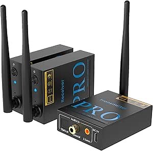 1Mii 3-in-1 2.4Ghz Wireless Audio Transmitter Receiver for 2 Subwoofer/Active Speaker/Power Amplifier, 20ms Low Latency,192kHz/24bit HiFi, 328ft Range, Optical/Coaxial/3.5mm(RCA) Audio Input/Output