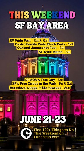 SF Bay Area Weekend Guide: June 21-23 🏳️‍🌈 Pride Weekend! Find 100 things to do this fabulous weekend at Fun cheap.com or click the LINK IN BIO ☝️ June 21-23, 2023 🏳️‍🌈 @sanfranciscopride Parade (Sun) & Festival - Sat & Sun 🌈 Castro Family Pride Block Party @castromerchants @artyhood_sf - Sat 🎊 Oakland Juneteenth Festival - Sat 👩‍❤️‍👩 SF Dyke March @sfdykemarch - Sat 🎨 @sfmoma Free Day - Sat 🎪 SF's @circusbella in the Park - Fri & Sat 🐕 Berkeley's Doggy Pride Pawrade @berkeleyhumane -
