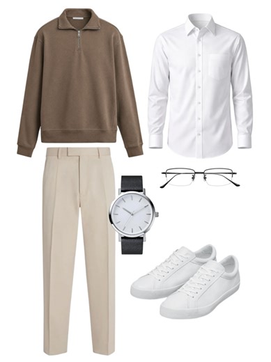 #ootdinspiration - brown halfzip sweater (outer) - white dress shirt (kemeja inner) - cream slim fit tailored trousers (bawahan/celana) - white clean sneakers (sepatu) - minimalist black strap watch (jam tangan) • Preset @Rvenn – am prem dibio #ootd #outfitinspo #manoutfit #fashionstyling