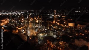 Oil Refinery Facilities At Night, Industrial Plant Refines Crude Oil Into Petroleum Products In Los Angeles, California, USA. - aerial shot