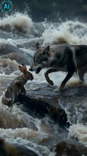 RUSHING DANGER: 💔 AI Drama: Wolf Braves Deadly Floodwaters to Save Tiny Rabbit from Drowning! 🌊#shor
