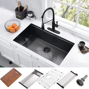 [Hot Item] 2023 High Quality Nano Black Handmade Custom Sizes Stainless Steel Single Bowl Farmhouse Sink Kitchen Sinks