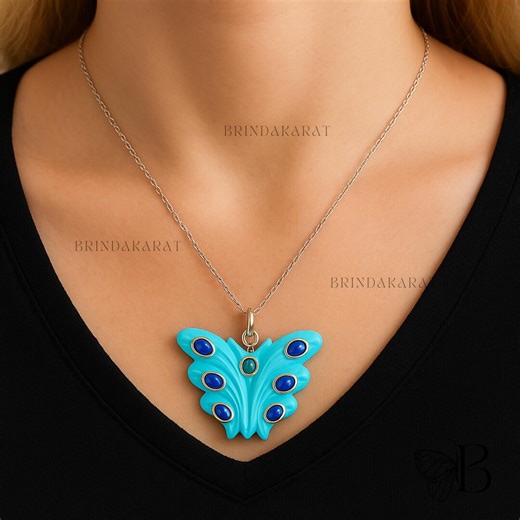 Handmade Turquoise Butterfly Pendant: Carved Gemstone Jewelry - Etsy