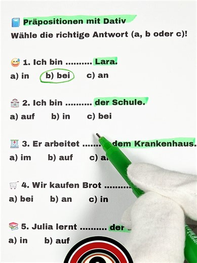 Präpositionen mit Dativ – Wähle die richtige Antwort. Mini-Übung für Deutschlernende: Entscheide dich für a, b oder c und teste dein Sprachgefühl. #germanlanguage #lernedeutsch #deutsch #german #deutschlernen