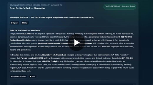 The Power of the Engine in IGA-2026 is the tightly governed fusion of PureAI intelligence, the 3D–10D AI DNN Engine (Cognitive Cube), and Python-driven orchestration, purpose-built to scale… | Dr. Pradeep Suri