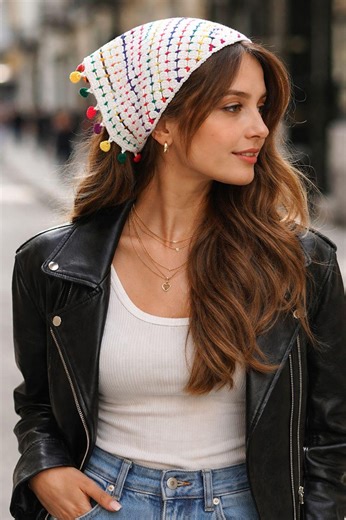 Crochet Boho Bandana Scarf, Colorful Triangle Head Kerchief, Cotton Neck Scarf - Etsy