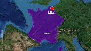 Designation of the borders of France on the map and the mark of the location of the city of Lille