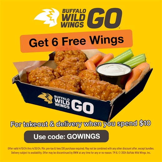 B-Dubs takeout & delivery is now Buffalo Wild Wings GO. For a limited time, grab 6 FREE wings when you order takeout or delivery with code GOWINGS. | Buffalo Wild Wings