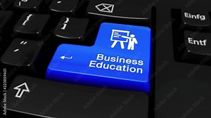 106. Business Education Round Motion On Blue Enter Button On Modern Computer Keyboard with Text and icon Labeled. Selected Focus Key is Pressing Animation. Business Management Concept