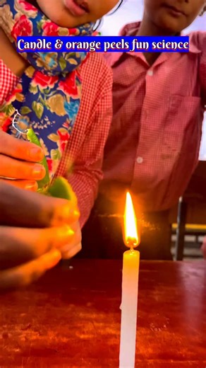 Vineet Chaudhary on Instagram: "Orange peel and candle :The candle flame sparkles when orange peels are sprayed because of limonene, a highly flammable oil in the peel. Squeezing the peel releases droplets of this oil, which ignite upon contact with the heat of the flame, creating a bright, sparkling flash. #science #coolschool #coolscience #school #funscienceforkids #fun #sciencefacts #primaryschool #basiceducationdepartment #experiment #upbasiceducationdepartment✍️✍️ #instadaily #instascience 