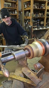 First spin operation before a wash and anneal on these 16ga brass cans. 5" dia x 3" deep. Straight and flat just like the times before. To the sink for a wash, then to the torch for some redness, back to the machine for one more spin and another for the final trim x 60. #metalspinning #metalart #metalartist #brass #brasslighting | Northwest Metal Spinning