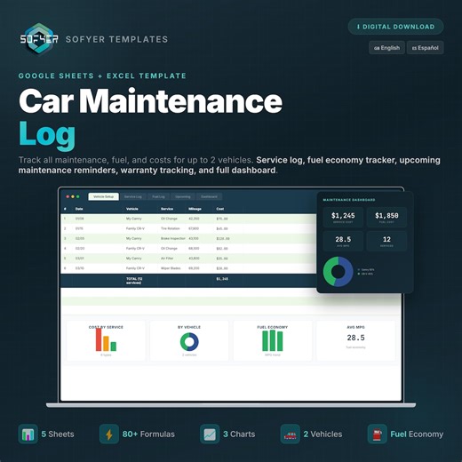 Car Maintenance Log | Fuel, Service, Reminders (google Sheets Excel) - Etsy