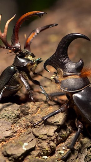 @natgeo7wild on Instagram: "a male stag beetle (Lucanidae) engaged in a fierce territorial fight with a rhinoceros beetle (Dynastinae) on rough tree bark"