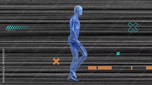 Animation of shapes and digital human skeleton walking over lines on black background