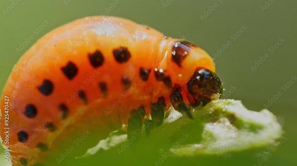 Closeup shot of Colorado potato beetle larva eating potato plant leaves