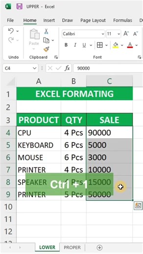 Excel Formatting | Show Pcs with Quantity & Rs with Amount # Excel Tips # Excel Short Cuts