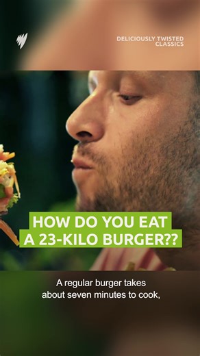 Is that a burger, or a wedding cake? Watch more food craziness on Deliciously Twisted Classics, now streaming on @sbsondemand https://bit.ly/4ag2kvM #burger #jumbo #cheeseburger