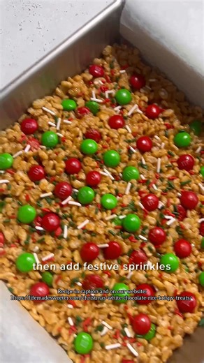 These Holiday Rice Krispie Treats are a fun and festive no bake treat perfect for holiday snacking, neighbor gifts and Christmas cookie platters. They're easy to make and customize with your favorite crispy cereal and sprinkles. Full printable recipe: https://lifemadesweeter.com/christmas-white-chocolate-rice-krispy-treats/ | Life Made Sweeter