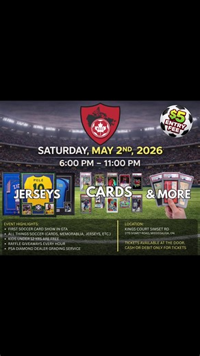 🚨 TABLES AVAILABLE! 🚨 The Northern Soccer Card Expo is back and we’re running it up again! ⚽🔥 Join us Saturday, May 2nd, 2026 for another night packed with soccer cards, memorabilia, collectibles, and collectors who definitely said “I’m not buying anything today”… and then bought everything. Whether you’re a vendor looking to move inventory, make deals, or just talk soccer cards for 5 straight hours — this is the place to be. Our last shows brought an amazing community together and this one w