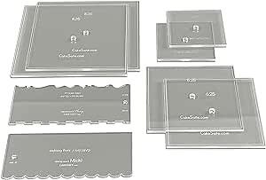 CAKESAFE Square Bare Necessities Cake Decorating Acrylic Disk Kit – 3 Sets - Square 4.25”, 6.25” and 8.25” Disks (2 disks per size), 2-8" Icing Scrapers with 1 Scraper Edge and 3 Cake Comb Patterns