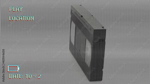 Animation of video cassette rotating on playback interface, with interference, on grey background